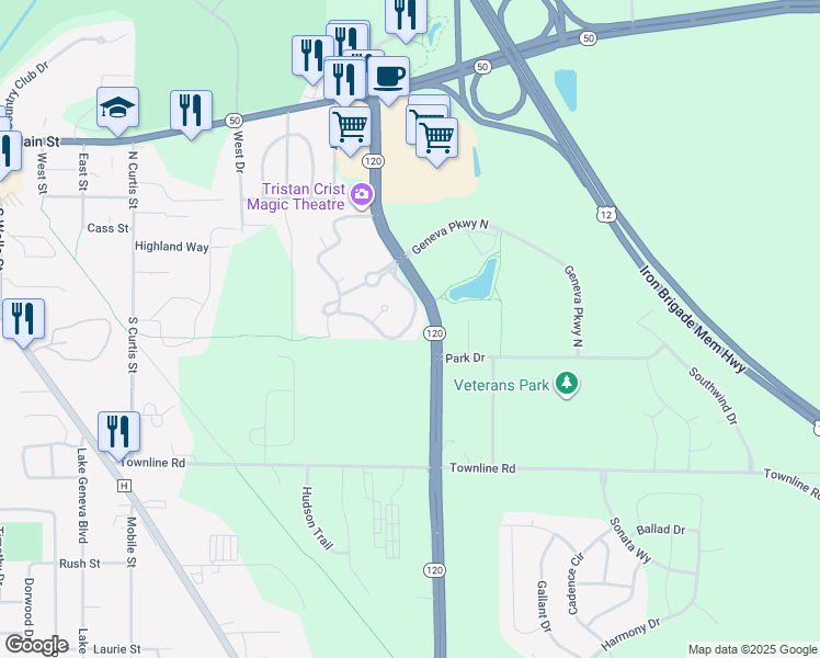 map of restaurants, bars, coffee shops, grocery stores, and more near 500 Edwards Boulevard in Lake Geneva