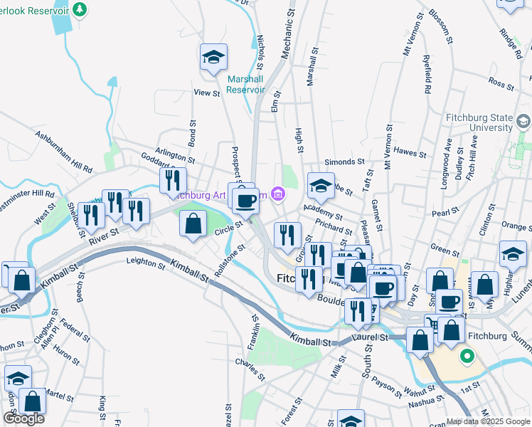 map of restaurants, bars, coffee shops, grocery stores, and more near 881 Main Street in Fitchburg