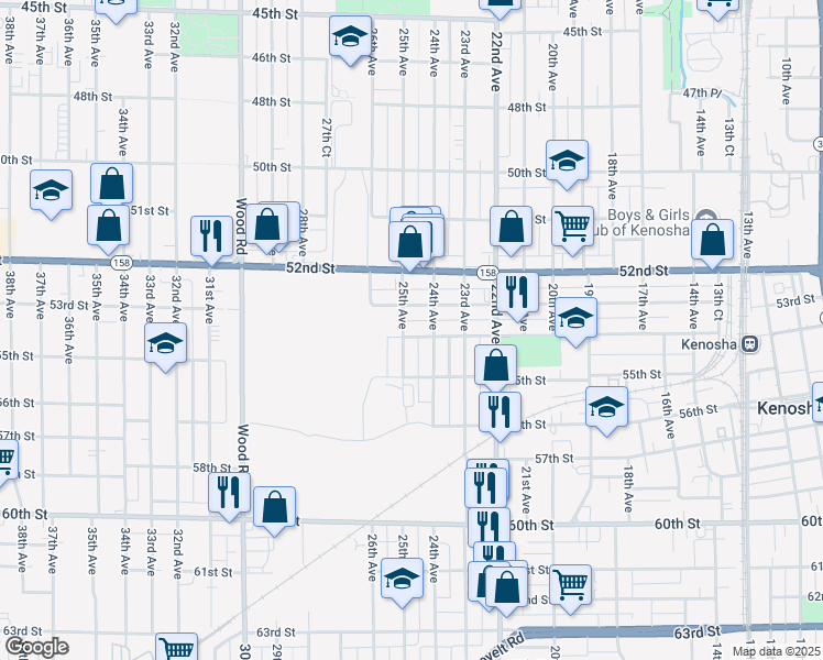 map of restaurants, bars, coffee shops, grocery stores, and more near 5310 24th Avenue in Kenosha