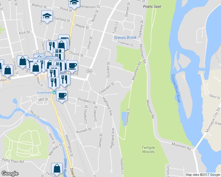 map of restaurants, bars, coffee shops, grocery stores, and more near 60 Crescent Street in Greenfield