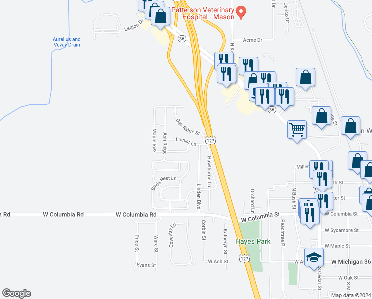 map of restaurants, bars, coffee shops, grocery stores, and more near 188 Maple Run in Mason