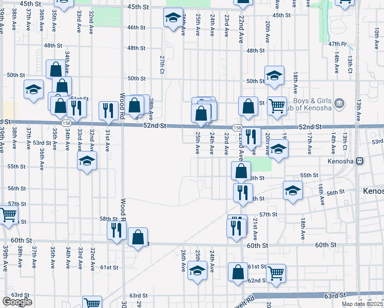 map of restaurants, bars, coffee shops, grocery stores, and more near 2514 54th Street in Kenosha