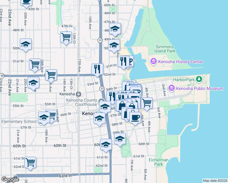 map of restaurants, bars, coffee shops, grocery stores, and more near 5416 7th Avenue in Kenosha
