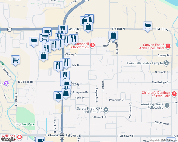 map of restaurants, bars, coffee shops, grocery stores, and more near 1420 Lawndale Dr in Twin Falls