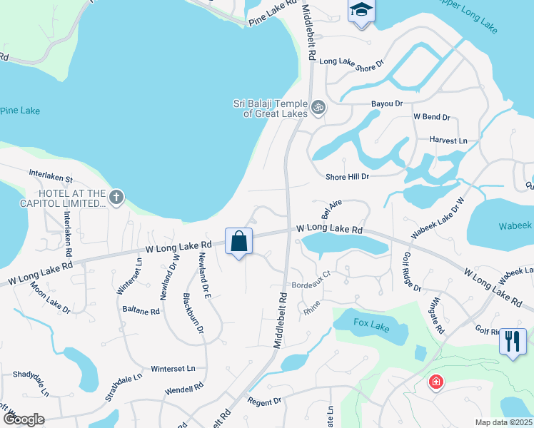 map of restaurants, bars, coffee shops, grocery stores, and more near 2335 North Pine Center Drive in West Bloomfield Township