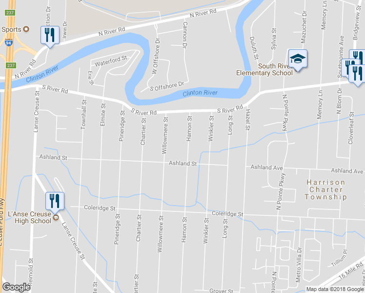 map of restaurants, bars, coffee shops, grocery stores, and more near 39151 Hamon Street in Harrison charter Township
