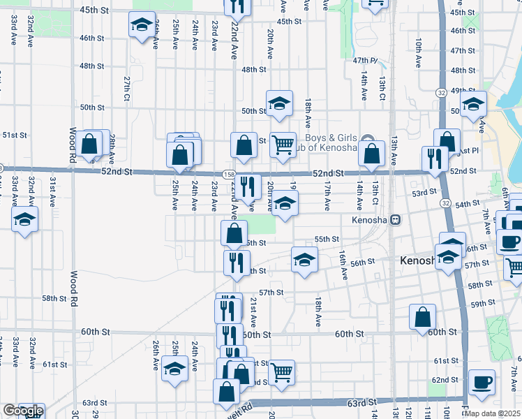 map of restaurants, bars, coffee shops, grocery stores, and more near 2012 54th Street in Kenosha