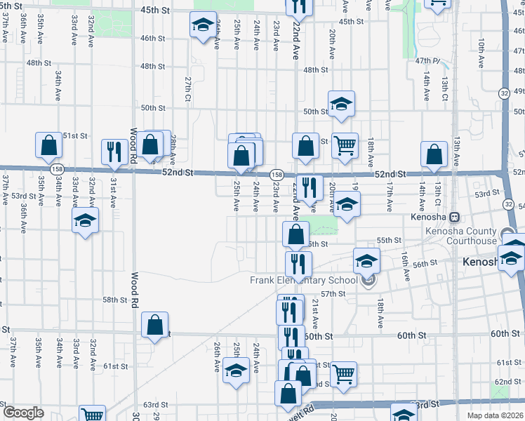 map of restaurants, bars, coffee shops, grocery stores, and more near 5310 23rd Avenue in Kenosha