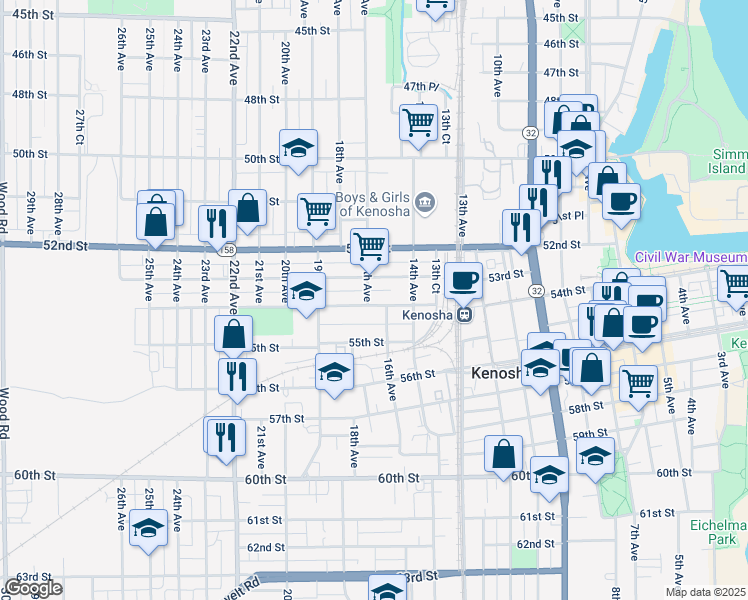 map of restaurants, bars, coffee shops, grocery stores, and more near 1610 54th Street in Kenosha