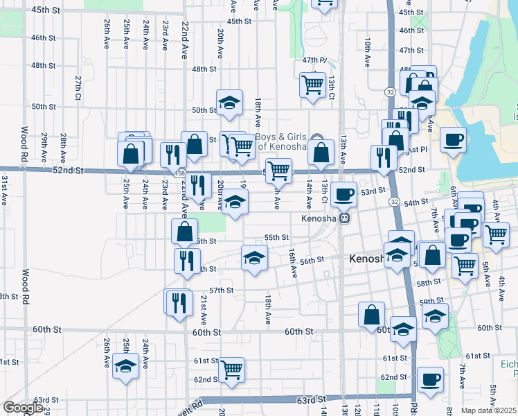 map of restaurants, bars, coffee shops, grocery stores, and more near 1814 54th Street in Kenosha