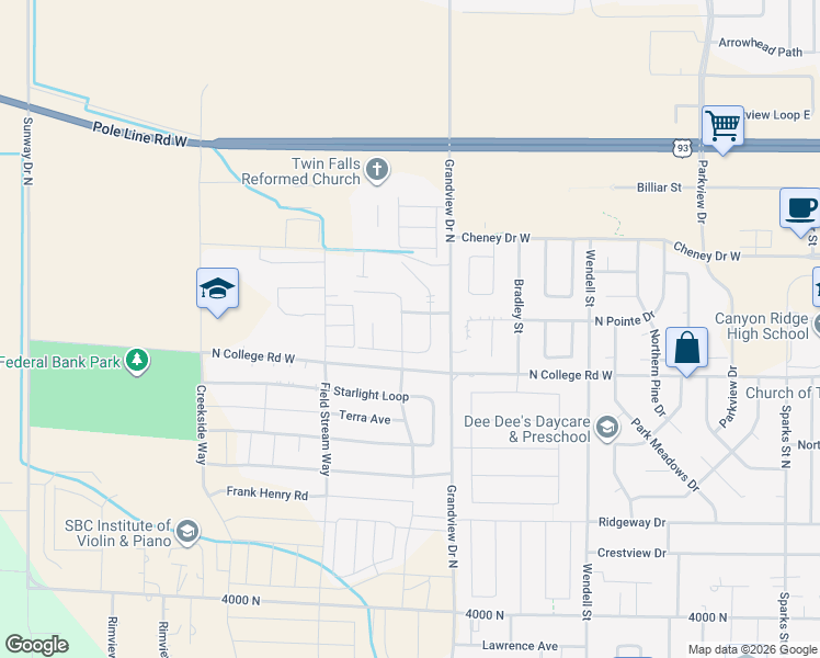 map of restaurants, bars, coffee shops, grocery stores, and more near 1364 Silver Creek in Twin Falls