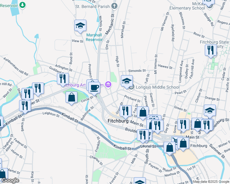 map of restaurants, bars, coffee shops, grocery stores, and more near 62 Academy Street in Fitchburg