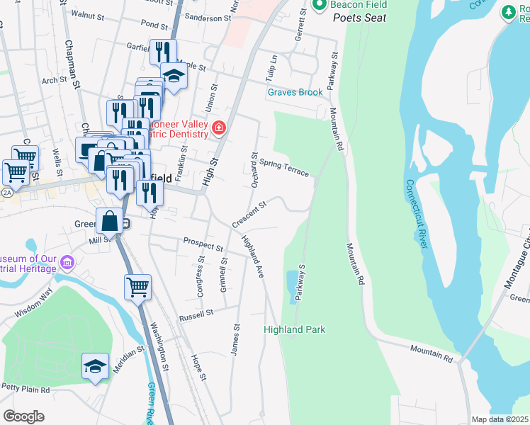 map of restaurants, bars, coffee shops, grocery stores, and more near 60 Crescent Street in Greenfield