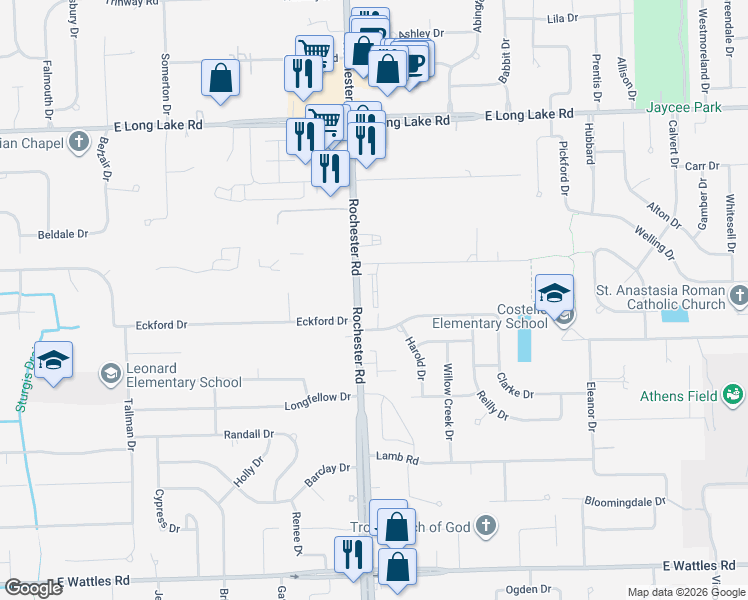 map of restaurants, bars, coffee shops, grocery stores, and more near 4629 Bradley Circle in Troy