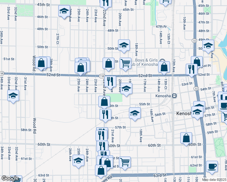 map of restaurants, bars, coffee shops, grocery stores, and more near 2012 54th Street in Kenosha