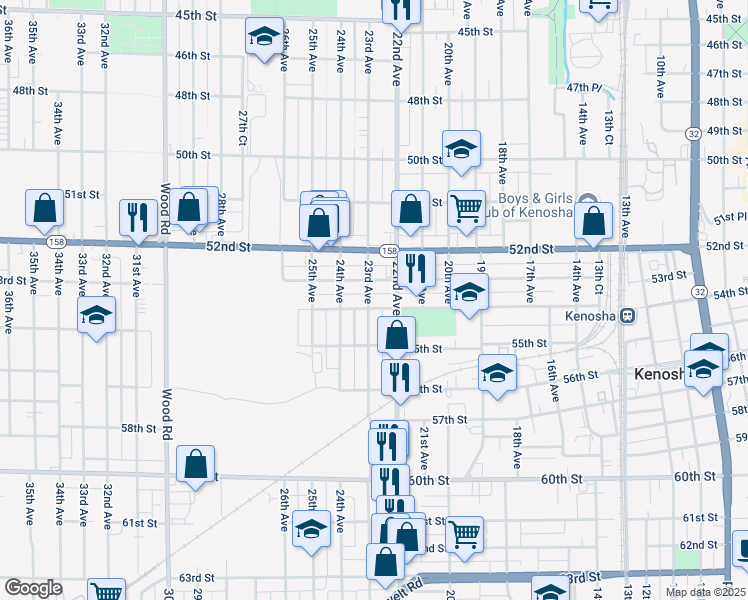 map of restaurants, bars, coffee shops, grocery stores, and more near 5310 23rd Avenue in Kenosha