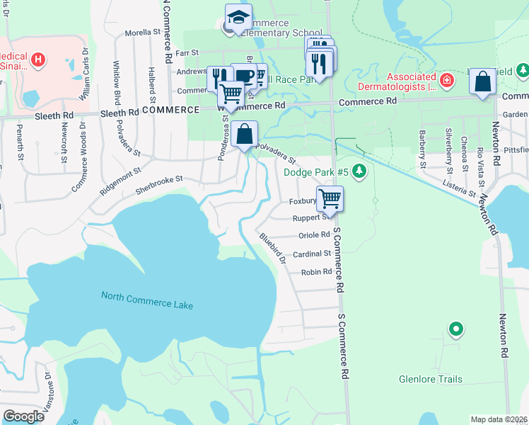 map of restaurants, bars, coffee shops, grocery stores, and more near 4367 Bluebird Drive in Commerce charter Township