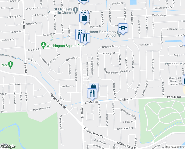 map of restaurants, bars, coffee shops, grocery stores, and more near 39484 Old Dominion Drive in Clinton Township
