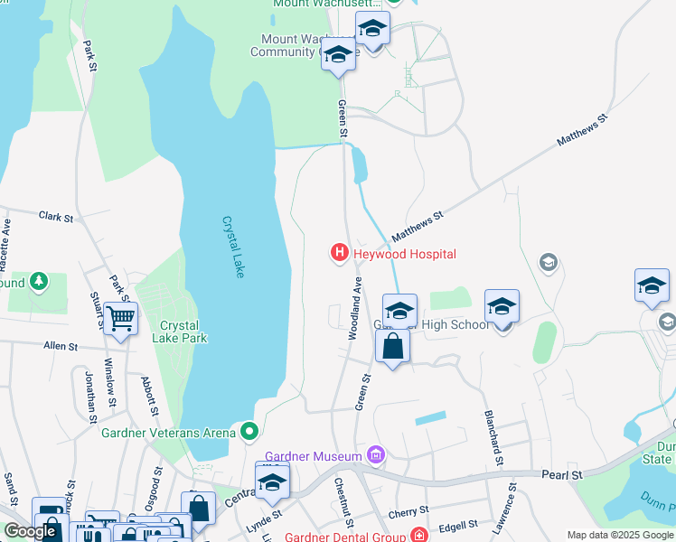 map of restaurants, bars, coffee shops, grocery stores, and more near 242 Green Street in Gardner