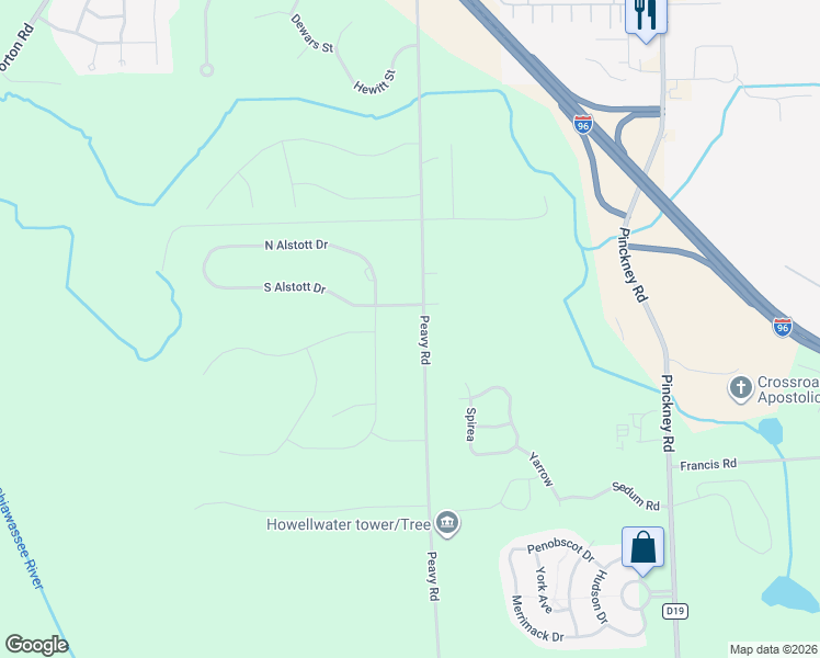 map of restaurants, bars, coffee shops, grocery stores, and more near 1222 Peavy Road in Howell