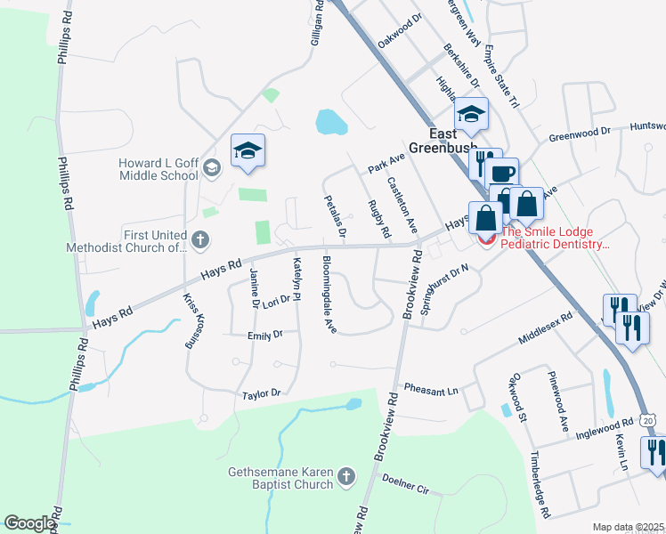 map of restaurants, bars, coffee shops, grocery stores, and more near 64 Bloomingdale Avenue in East Greenbush