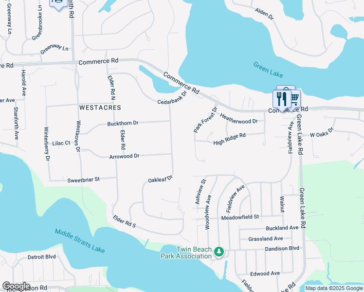 map of restaurants, bars, coffee shops, grocery stores, and more near 3411 Oakleaf Drive in West Bloomfield Township