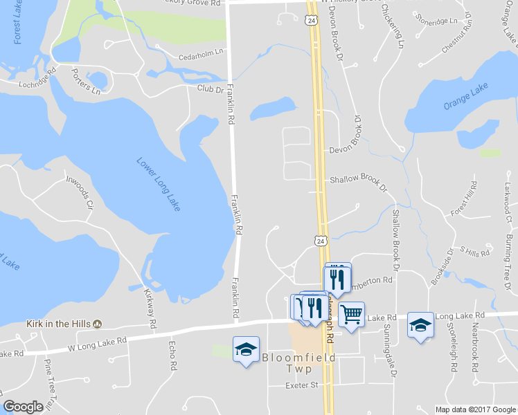 map of restaurants, bars, coffee shops, grocery stores, and more near 3675 Franklin Road in Bloomfield Hills