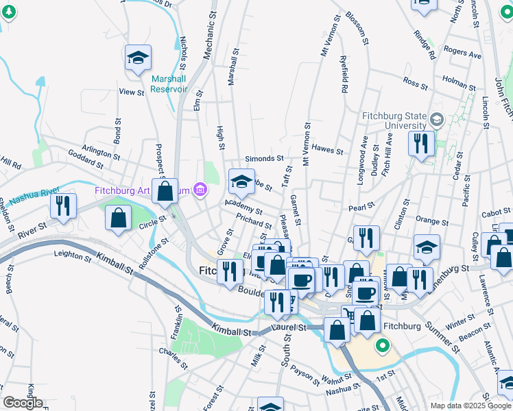 map of restaurants, bars, coffee shops, grocery stores, and more near 98 Academy Street in Fitchburg