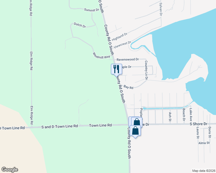 map of restaurants, bars, coffee shops, grocery stores, and more near 2633 County Road O South in Delavan