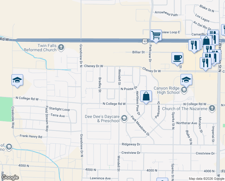 map of restaurants, bars, coffee shops, grocery stores, and more near 727 North Pointe Drive in Twin Falls