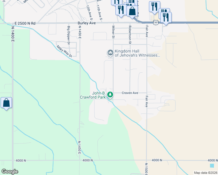 map of restaurants, bars, coffee shops, grocery stores, and more near 962 Milner Street in Buhl