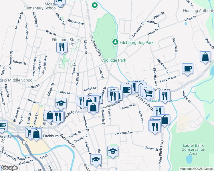 map of restaurants, bars, coffee shops, grocery stores, and more near 91 Townsend Street in Fitchburg