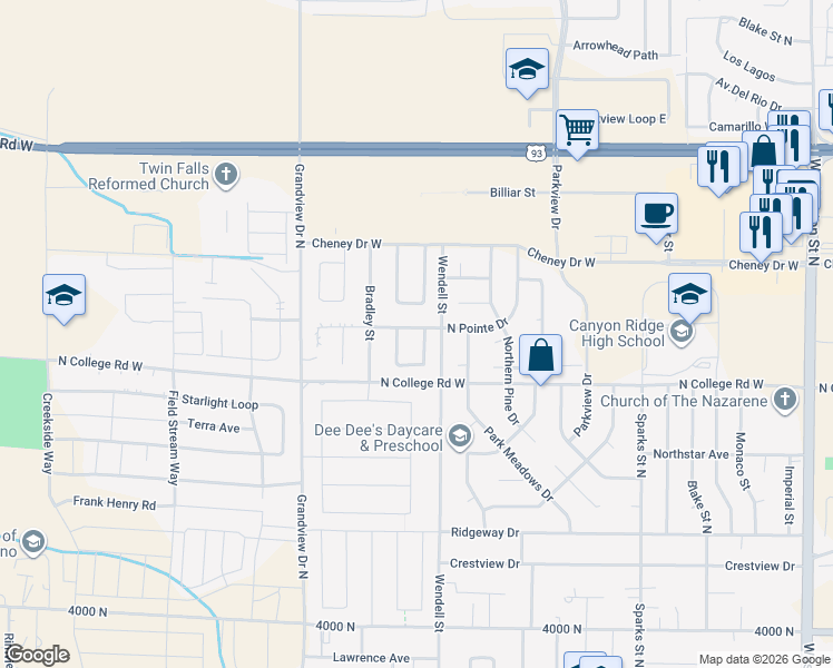 map of restaurants, bars, coffee shops, grocery stores, and more near 727 North Pointe Drive in Twin Falls