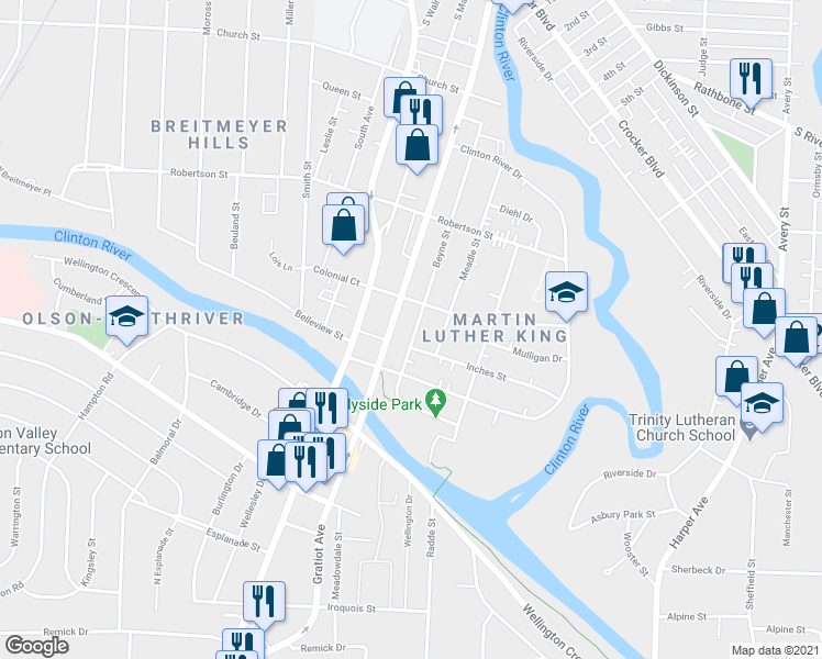 map of restaurants, bars, coffee shops, grocery stores, and more near 150 Beyne Street in Mount Clemens