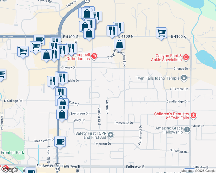 map of restaurants, bars, coffee shops, grocery stores, and more near 1392 Stoneybrook Circle in Twin Falls