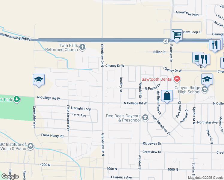 map of restaurants, bars, coffee shops, grocery stores, and more near 1395 Cody Court in Twin Falls