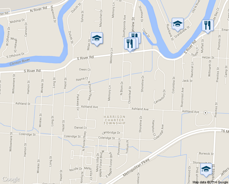 map of restaurants, bars, coffee shops, grocery stores, and more near 39170 Memory Lane in Harrison Township