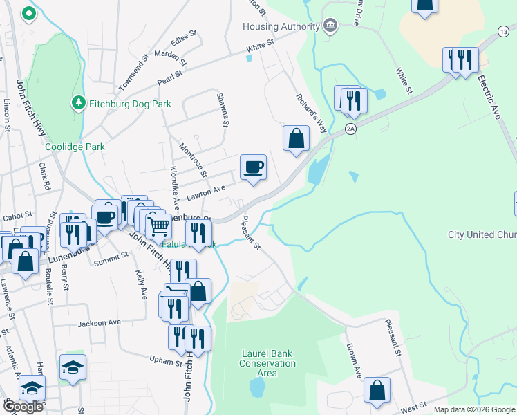 map of restaurants, bars, coffee shops, grocery stores, and more near 24 Massachusetts Avenue in Lunenburg