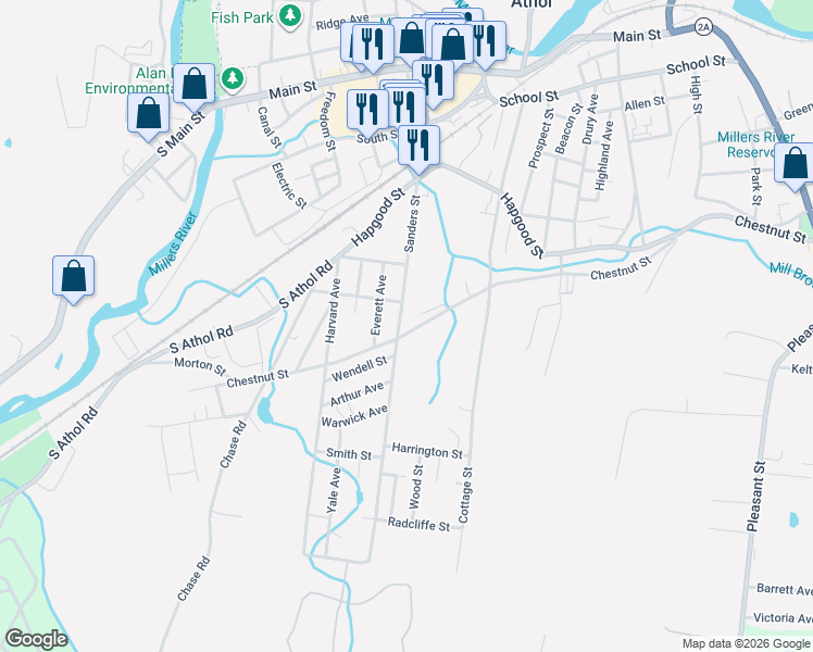 map of restaurants, bars, coffee shops, grocery stores, and more near 314 Sanders Street in Athol