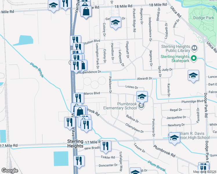 map of restaurants, bars, coffee shops, grocery stores, and more near 39835 Parklawn Drive in Sterling Heights