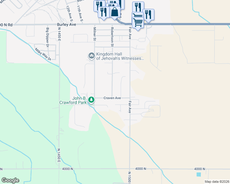 map of restaurants, bars, coffee shops, grocery stores, and more near 941 Robertson Street in Buhl