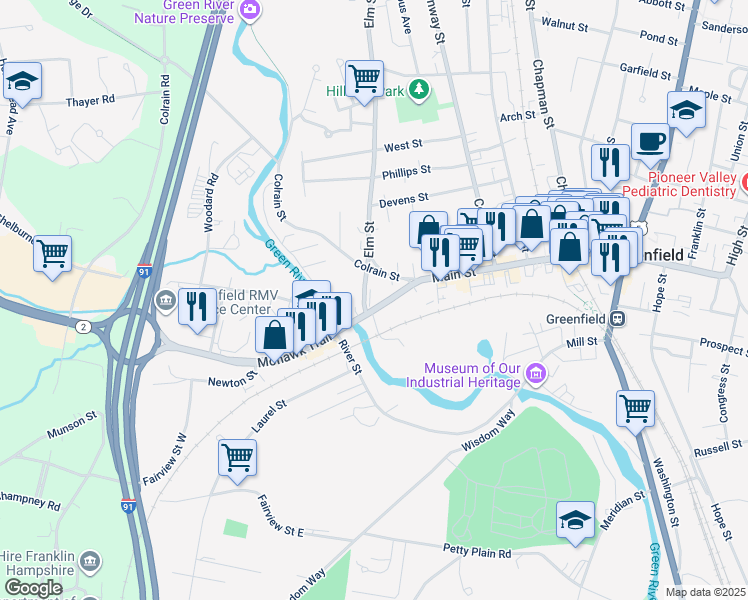 map of restaurants, bars, coffee shops, grocery stores, and more near 15-21 Massachusetts 2A in Greenfield