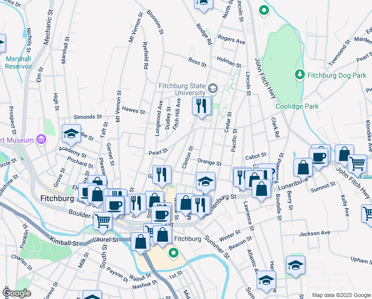 map of restaurants, bars, coffee shops, grocery stores, and more near 185 North Street in Fitchburg