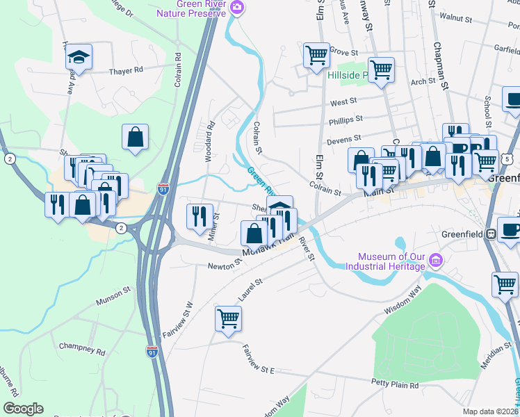 map of restaurants, bars, coffee shops, grocery stores, and more near 46-82 Shelburne Road in Greenfield