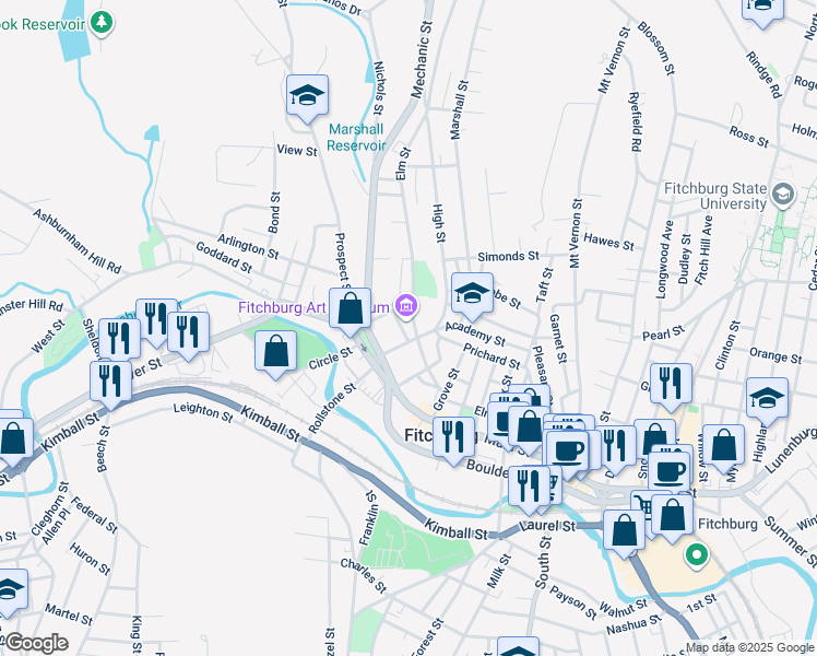 map of restaurants, bars, coffee shops, grocery stores, and more near 179 Elm Street in Fitchburg