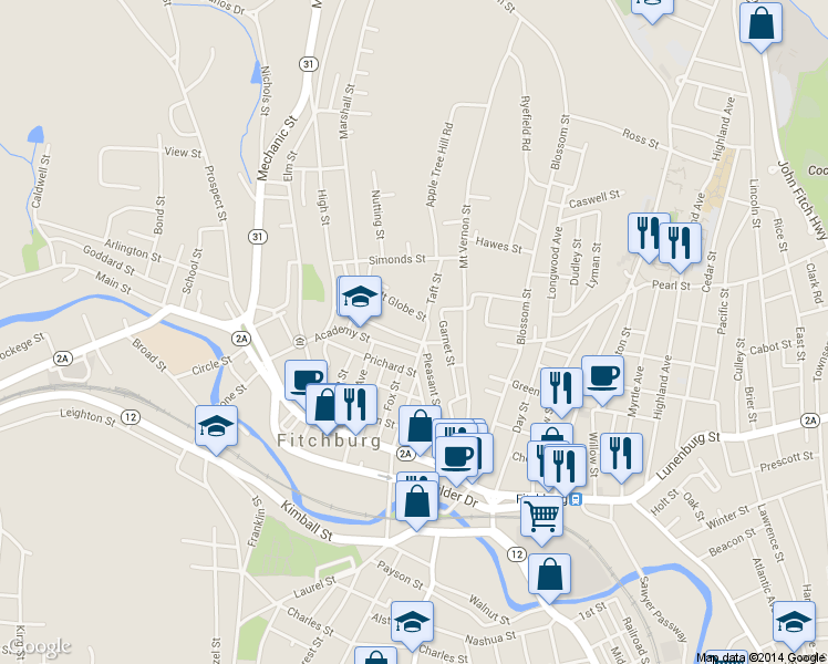 map of restaurants, bars, coffee shops, grocery stores, and more near 102 Pleasant St in Fitchburg