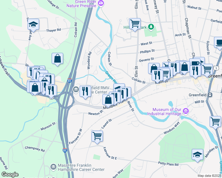 map of restaurants, bars, coffee shops, grocery stores, and more near 70 Shelburne Road in Greenfield
