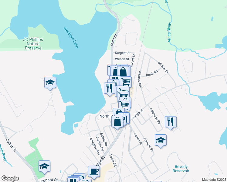 map of restaurants, bars, coffee shops, grocery stores, and more near 40 Enon Street in Beverly