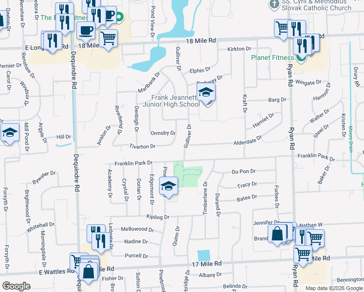 map of restaurants, bars, coffee shops, grocery stores, and more near 40019 Gulliver Drive in Sterling Heights