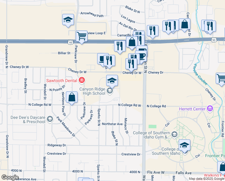 map of restaurants, bars, coffee shops, grocery stores, and more near 300 North College Road West in Twin Falls